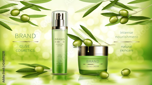 Olive cosmetics vector realistic poster. Green spray bottle with moisturizing lotion and jar of cosmetic cream, natural product, branches with green leaves and olive fruits on sunny bokeh background