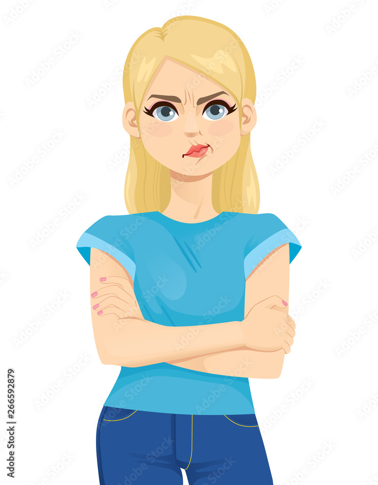 Offended teenager girl with arms crossed frowning annoyed Offended teenager girl with arms crossed frowning annoyed