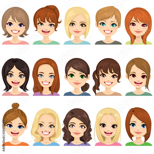Set of cute girls with different hairstyles and hair color illustration face avatar collection