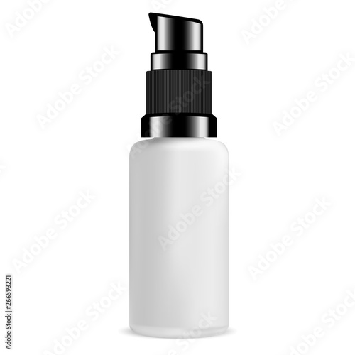 Pump Bottle for Serum Cosmetic. Glass Package with Plastic Lid. 3d Cylinder Packaging Design. Mini Cream Dispenser. Transparent Antiseptic Can Illustration Mockup. Isolated Pack Design.