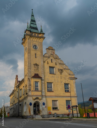 City hall in Branna town in spring cloudy day photo