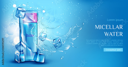Micellar water cosmetic bottle mockup with ice cubes, aqua splashes on blue background. Beauty cosmetics product, makeup remover or tonic ad promo poster. Realistic 3d vector illustration, banner.