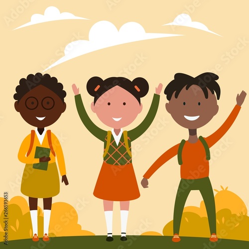 schoolchildren of different sexes and different races are standing together, back to school