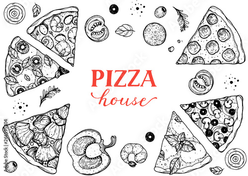 Italian pizza vector illustration. Hand drawn sketch pizza. Italian food. Package design. Pizza slices illustration.