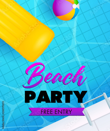 Beach party lettering, swimming pool water, air mattress and ball. Tourism, summer, holiday design. Handwritten and typed text, calligraphy. For leaflets, brochures, invitations, posters or banners.