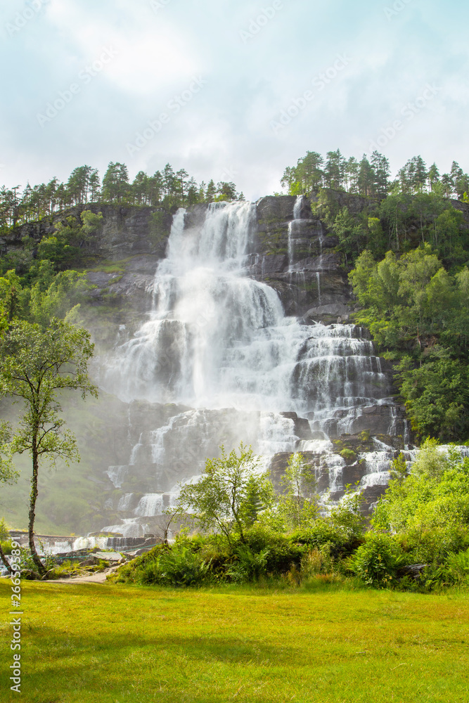 Falls in mountains of Norway in rainy weather