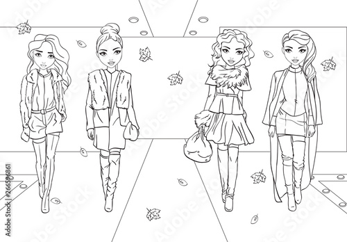 Coloring Book Of Girls In Fur Coats On Runway