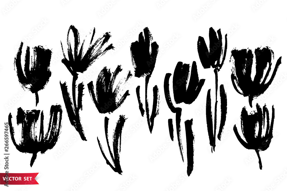 Plakat Vector set of ink drawing flowers, stems and leaves, monochrome artistic botanical illustration, isolated floral elements, hand drawn illustration. Floral elements in monochrome rough strokes.