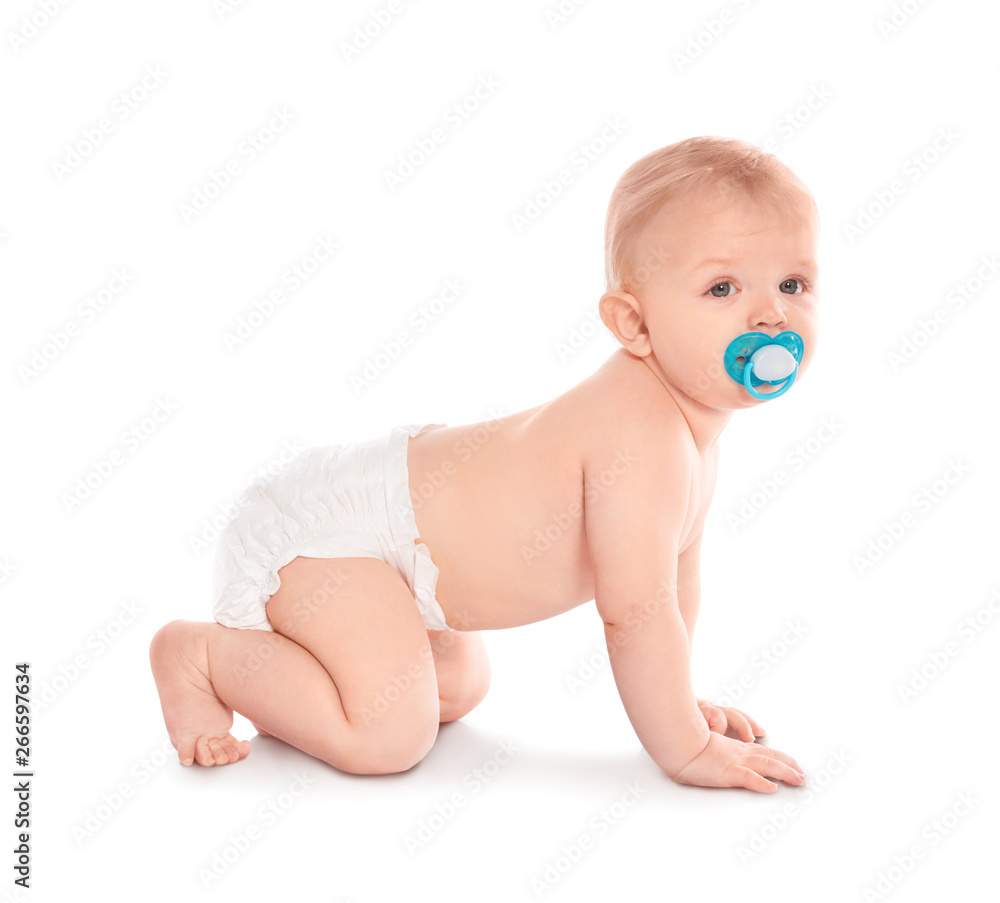 Cute little baby crawling on white background Cute little baby crawling on white background