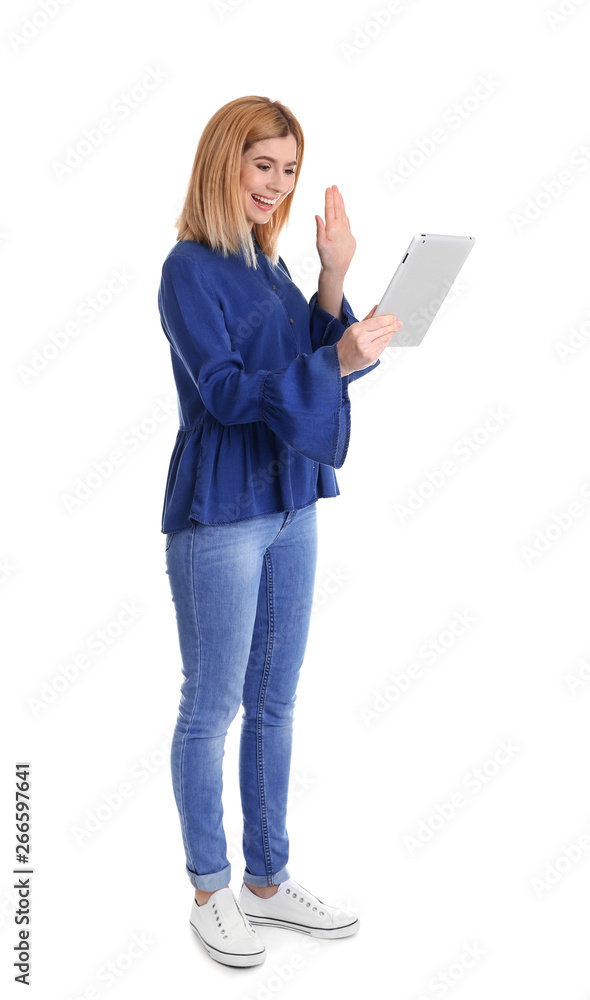 Woman using tablet for video chat isolated on white Woman using tablet for video chat isolated on white