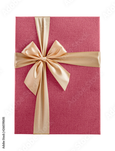 Top view pink gift box with golden ribbon isolated on white background, close up, design element