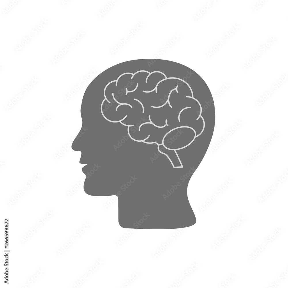 Human head profile with brain symbol, simple black icon, vector illustration isolated on white background. Human head profile with brain symbol, simple black icon, vector illustration isolated on white background.