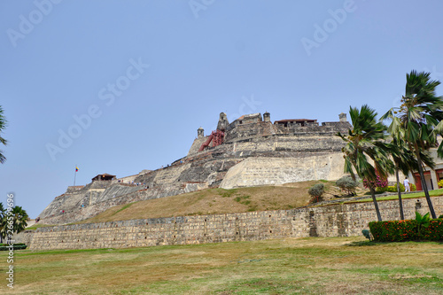 Scenic view of San Felipe fortress (Castillo de San Felipe de Barajas) in Cartagena de Indias - old historical town in Colombia. Beautiful summer sunny look of colonial fortress in South America