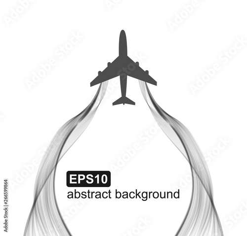 Flying the airplane and wave smoke. Abstract light futuristic background.