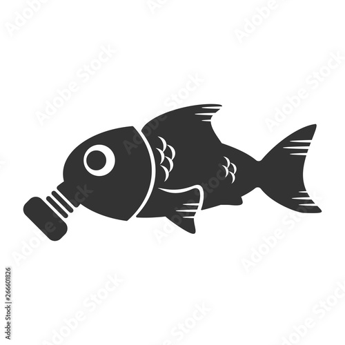 Ocean pollution concept. Fish in a gas mask and environmental problems. Vector pictogram illustration. Marine pollution.