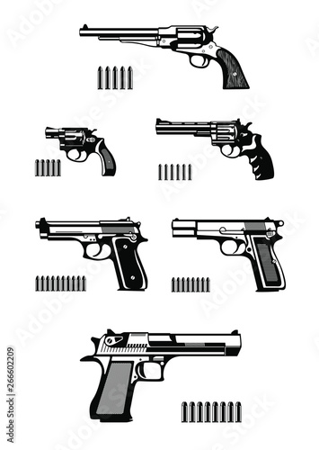 Guns and ammunition silhouettes set. Vector illustration.