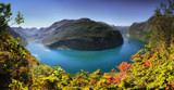 Panoramic aerial landscape of Geiranger fjord in Norway from mountain viewpoint. High resolution panorama,