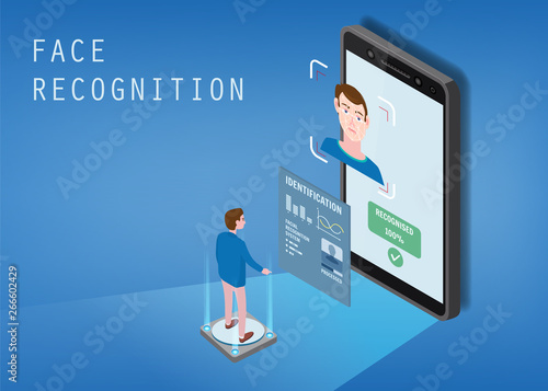 Isometric design. The smartphone scans the face of a person. Biometric identification, male