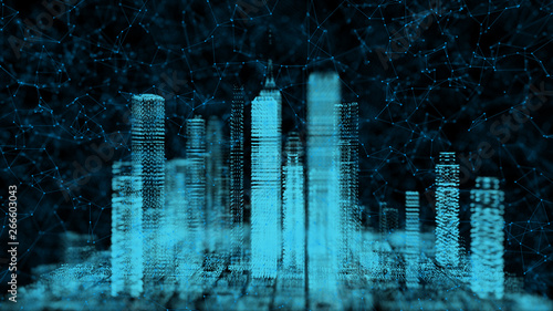 Canvas Print Cyber Smart city, power digital technology for future smart cities and business cities energy concept, 3D rendering simulation building