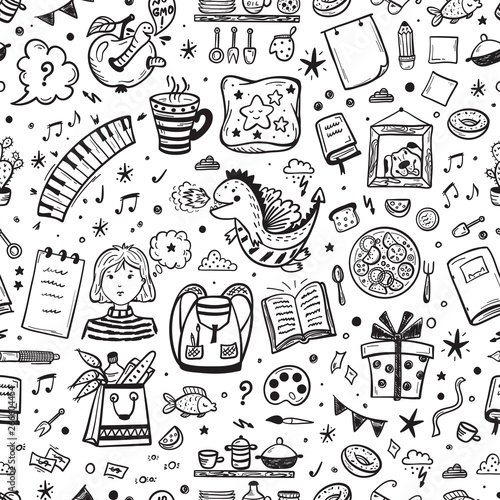 Childhood Vector Background. Seamless Pattern with Hand Drawn Doodle Various Item Icons for Kids. Back to School Wallpaper.