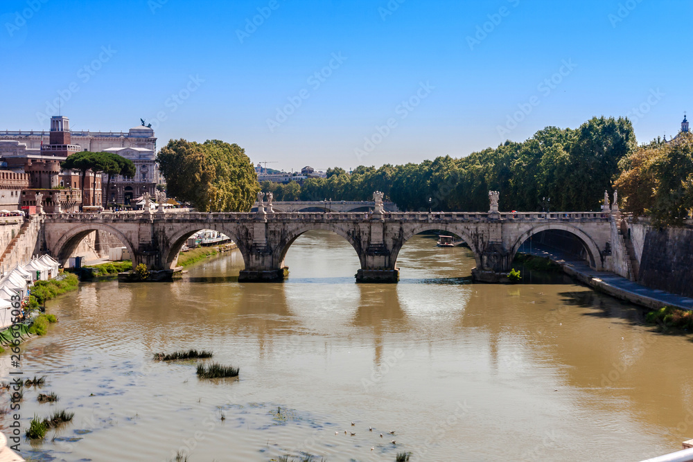 Ponte Sant’Angelo or Bridge of Angels in Rome, a view from Ponte Vittorio Emanuele II