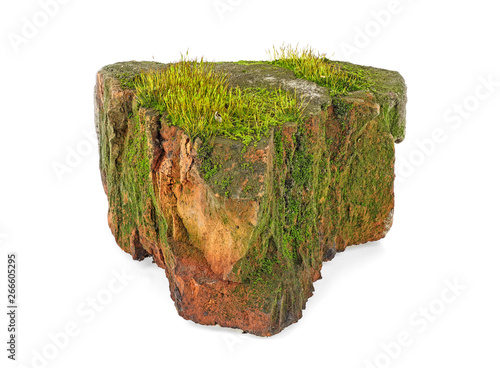 Old red building brick with green moss and grass isolated on a white background
