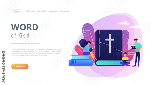 Tiny people christians reading the Holy Bible and learning about Christ. Holy Bible, sacred holy book, the word of God concept. Website vibrant violet landing web page template.