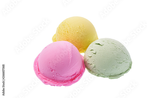 Various of ice cream flavor, banana,strawberry ,pistachio isolated on white background