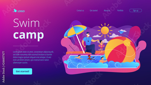 Coach teaching and children learning to swim in the pool in summer camp, tiny people. Swim camp, open water trainings, best swimmer course concept. Website homepage landing web page template.