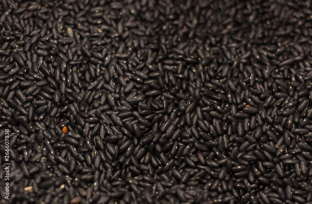black croup food textured background surface with one yellow different grain  in center of foreshortening