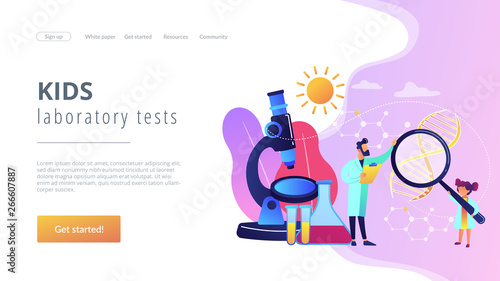 A girl with magnifier and scientist carry out an experiment, tiny people. Kids Science camp, young scientists lessons, kids laboratory tests concept. Website homepage landing web page template.