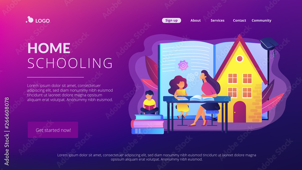 Children at home with tutor or parent getting education, tiny people. Home schooling, home education plan, homeschooling online tutor concept. Website homepage landing web page template.