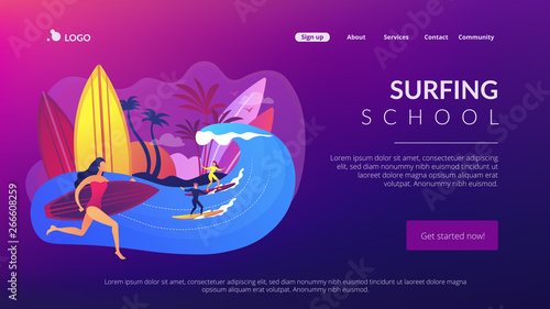 Teacher teaching surfing, riding a wave on the surfboard in ocean, tiny people. Surfing school, surf spot area, learn to surf here concept. Website homepage landing web page template.
