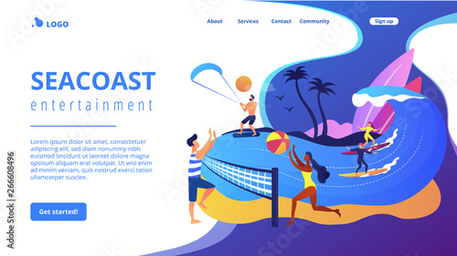 Tiny people adults playing volleyball, surfing and kitesurfing. Summer beach activities, seacoast entertainment, sea animation services concept. Website homepage landing web page template.