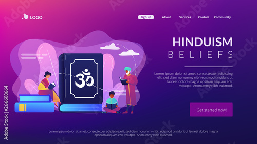 Indian family in traditional clothes reading Hindu texts, tiny people. The Vedas, Books of Knowledge, Hindu sacred text and Hinduism beliefs concept. Website homepage landing web page template.