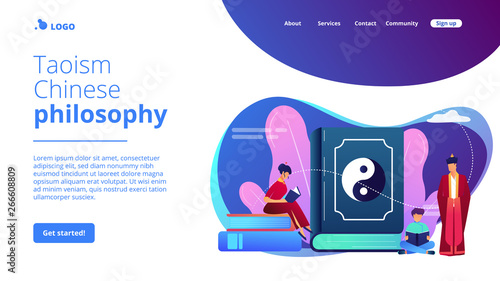 Big book with yin-yang and taoism family reading, tiny people. Yin yang Taoism, Daoism and Confucianism, Taoism Chinese philosophy concept. Website homepage landing web page template.