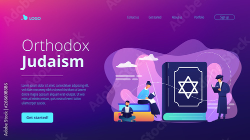 Jews in national costumes reading about religion, Torah, tiny people. Torah Judaism holy book, Jewish Beliefs on Jesus, orthodox Judaism concept. Website homepage landing web page template.