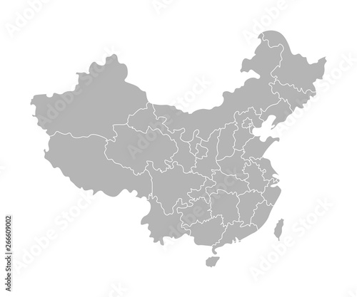 Vector isolated illustration of simplified administrative map of China. Borders of the provinces (regions). Grey silhouettes. White outline