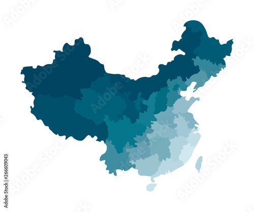 Vector isolated illustration of simplified administrative map of China. Borders of the regions. Colorful blue khaki silhouettes