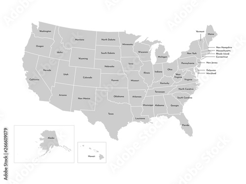 Vector isolated illustration of simplified administrative map of USA (United States of America). Borders and names of the states (regions). Grey silhouettes. White outline