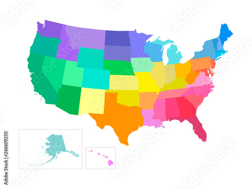 Vector isolated illustration of simplified administrative map of USA (United States of America). Borders of the states. Multi colored silhouettes