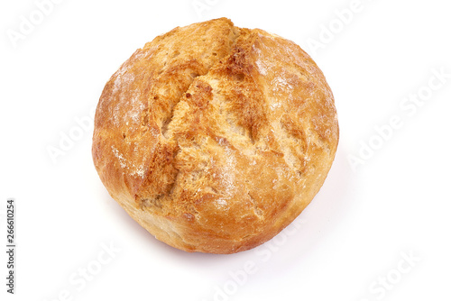 Freshly baked round homemade bread, Healthy nutrition, close-up, isolated on white background