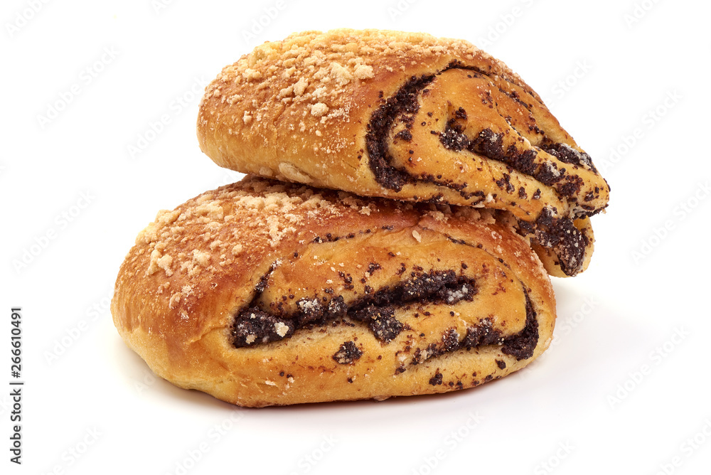Homemade roll with poppy seeds, close-up, isolated on white background Homemade roll with poppy seeds, close-up, isolated on white background