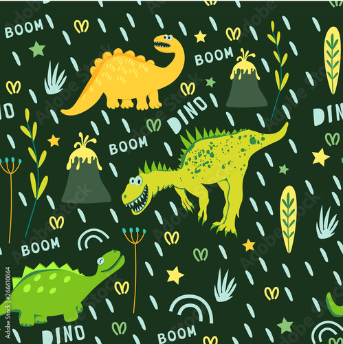 Seamless pattern of yellow and green dinosaurs and volcano. Dinosaurs walking in a clearing. For the design of children s clothing  fabrics  cards  books. Style comics and cartoons