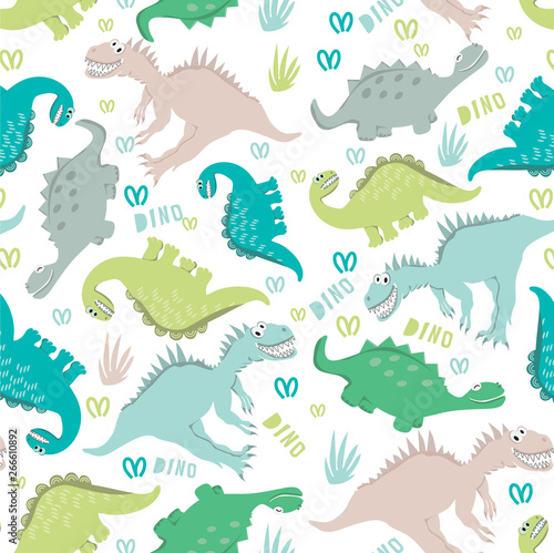 Seamless dinosaur pattern in pastel colors. Dinosaurs walking in a clearing. For the design of children s clothing  fabrics  cards  books. Style comics and cartoons