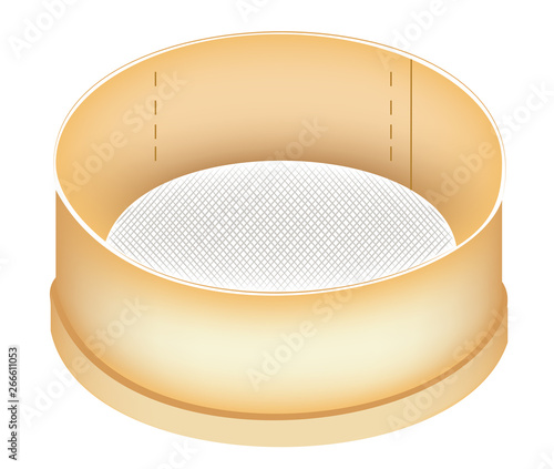 The subject of kitchen utensils. A wooden sieve is needed in the kitchen in the kitchen for sifting flour. Vector illustration