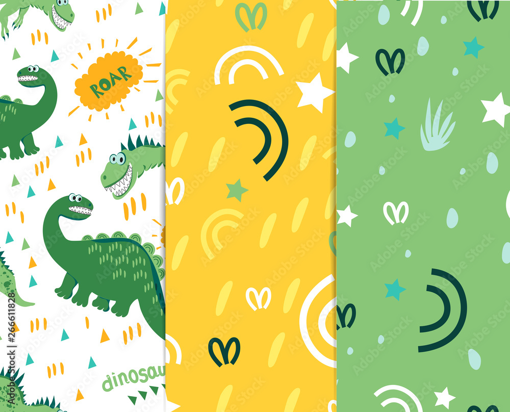 Naklejka premium Seamless dinosaur pattern. Green Dino enjoy a walk and a good warm day. For registration of children's clothes, fabrics, cards, books. Style of comics and cartoons