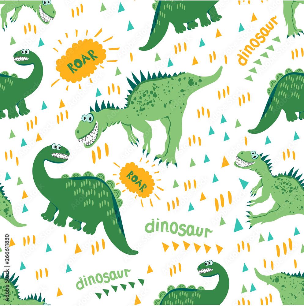 Fototapeta premium Seamless dinosaur pattern. Green Dino enjoy a walk and a good warm day. For registration of children's clothes, fabrics, cards, books. Style of comics and cartoons