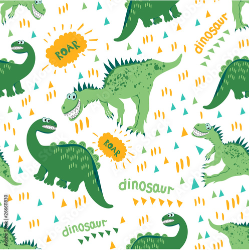 Seamless dinosaur pattern. Green Dino enjoy a walk and a good warm day. For registration of children s clothes  fabrics  cards  books. Style of comics and cartoons