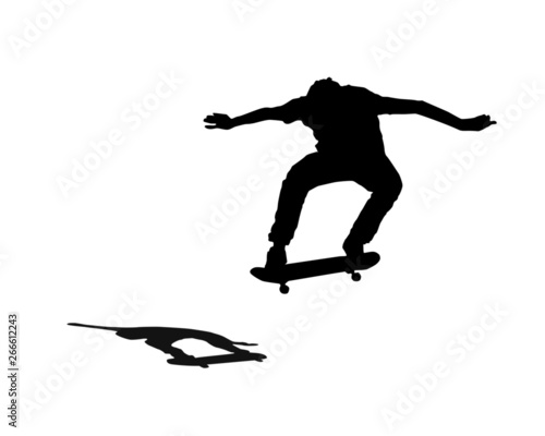 Skateboarder popping a high ollie, skateboard jump silhouette with shadow